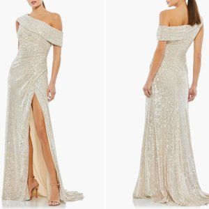 MAC DUGGAL METALLIC ONE SHOULDER EVENING NUDE GOWN sz 12